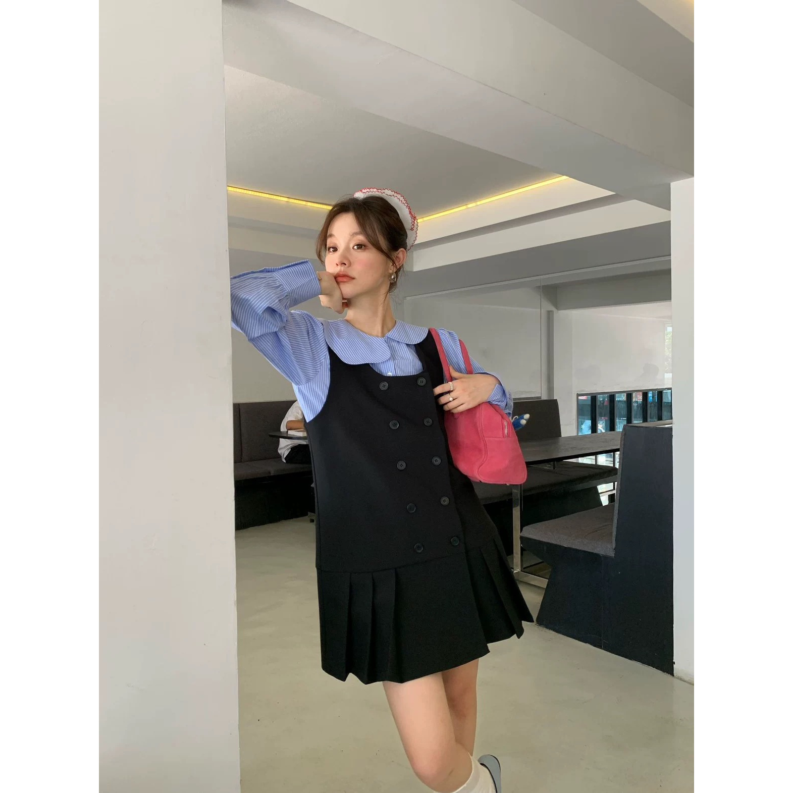 2025春夏学院风气质显瘦减龄双排扣西服百褶连衣裙女