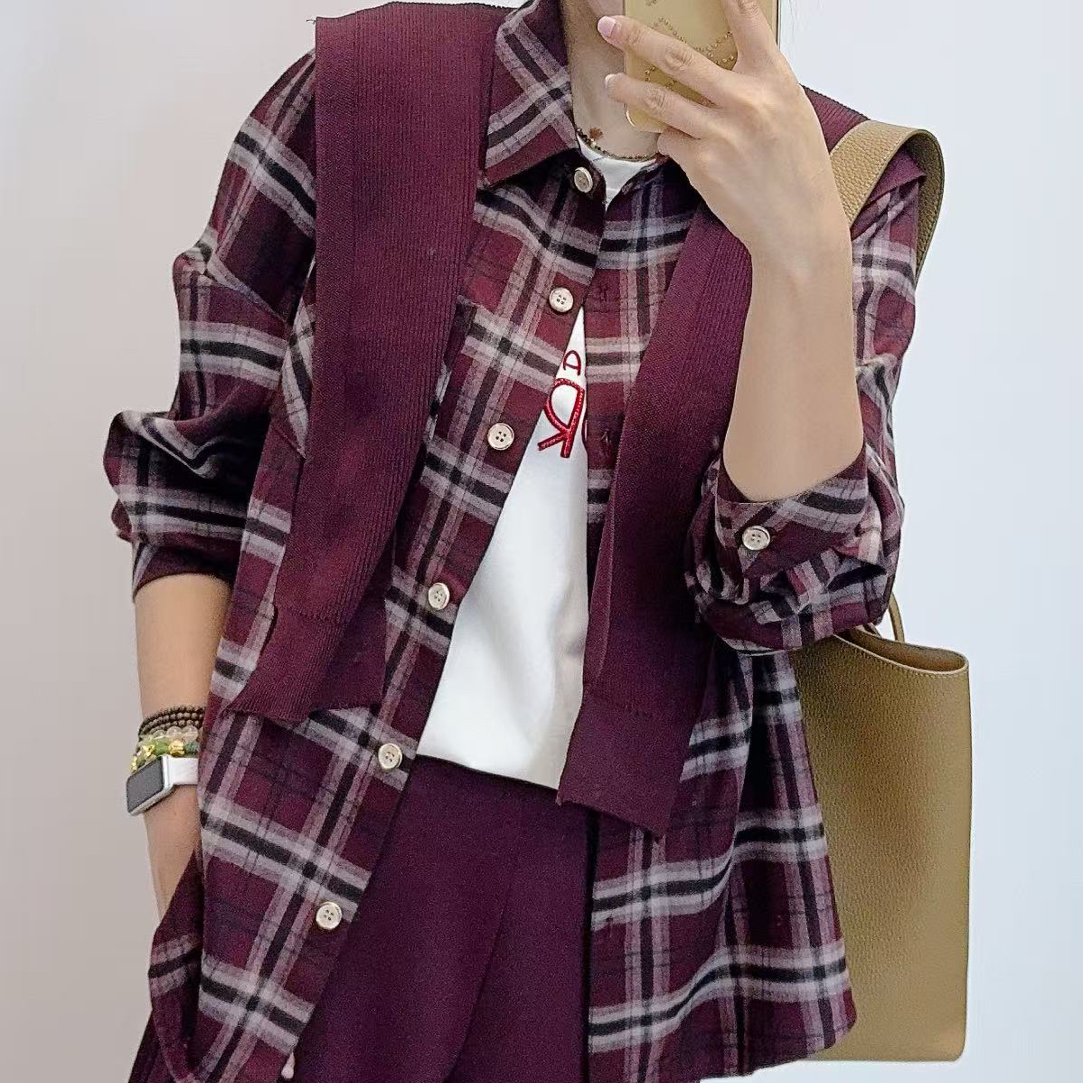 水淼25秋季新款宽松百搭休闲格子衬衣-1058