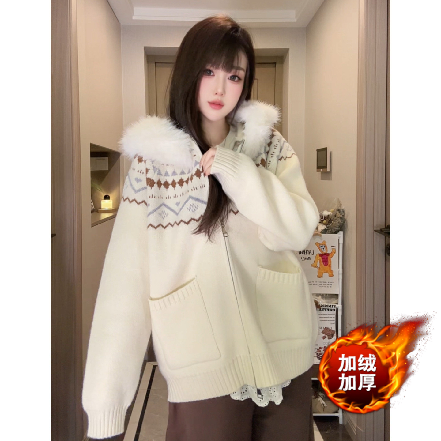 软糯复古印花费尔岛连帽针织开衫女秋冬新款宽松软糯亲肤百搭毛衣