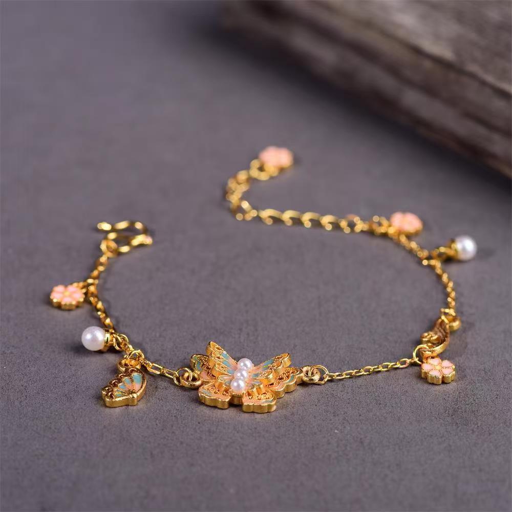 铜合金手链 新款金色古法手链珐琅梦蝶中式珍珠蝴蝶气质轻奢