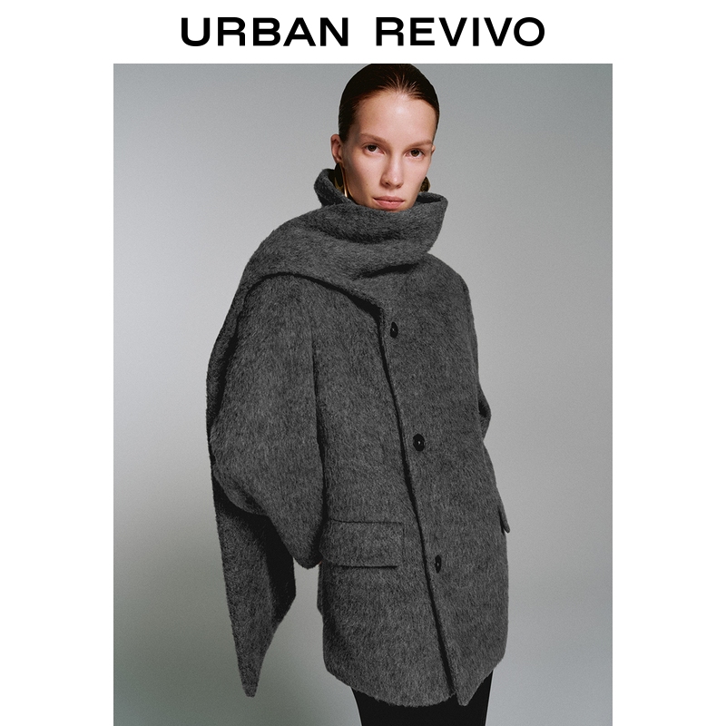 UR2025冬季新款女装气质高智感格雷系围巾领外套UWJ150106
