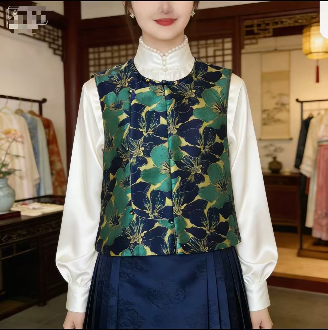  新中式缎立领盘扣坎肩 复古提花叠穿马甲女 蓝金/蓝绿金双色可选