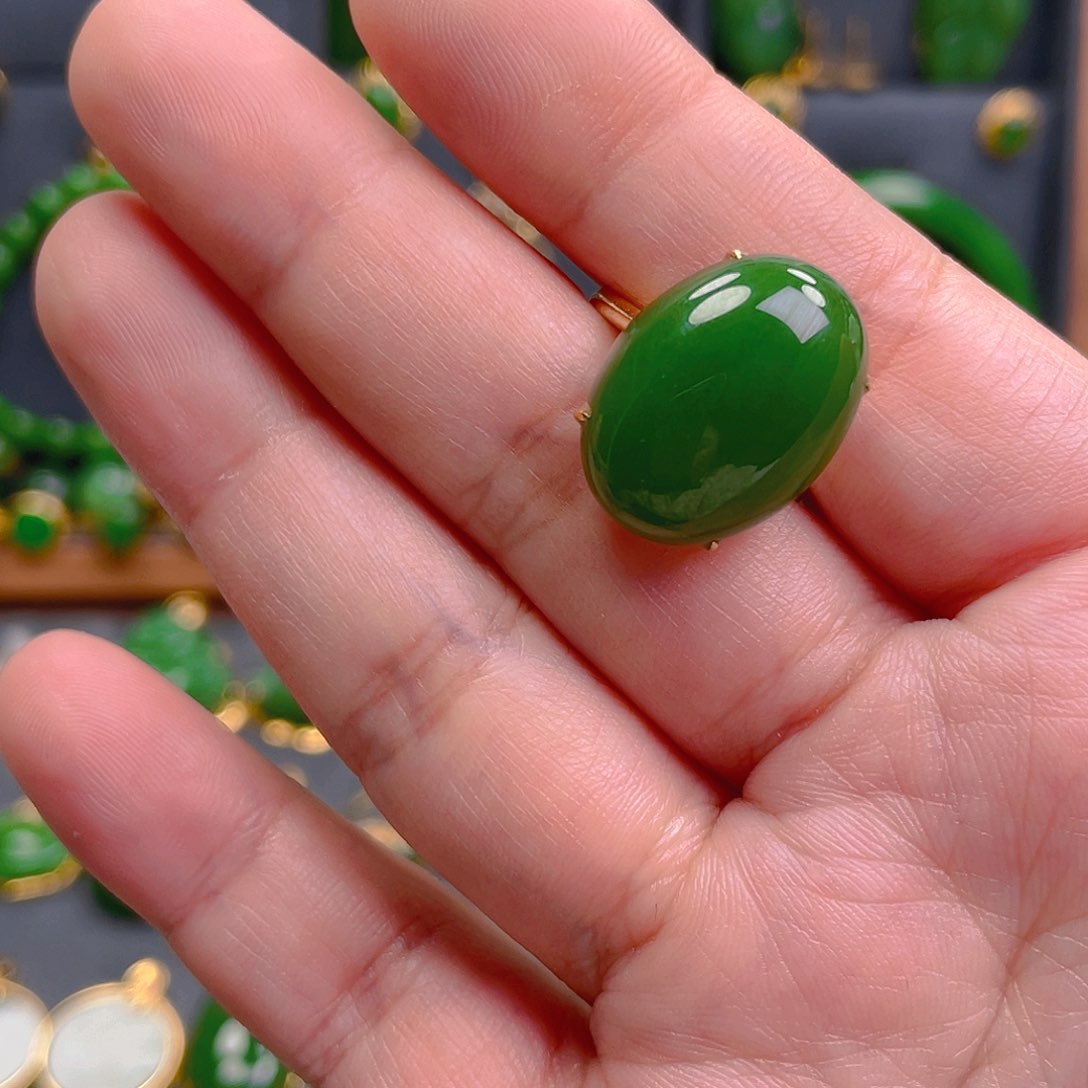 和田玉（碧玉）戒指18K金镶嵌解*2480