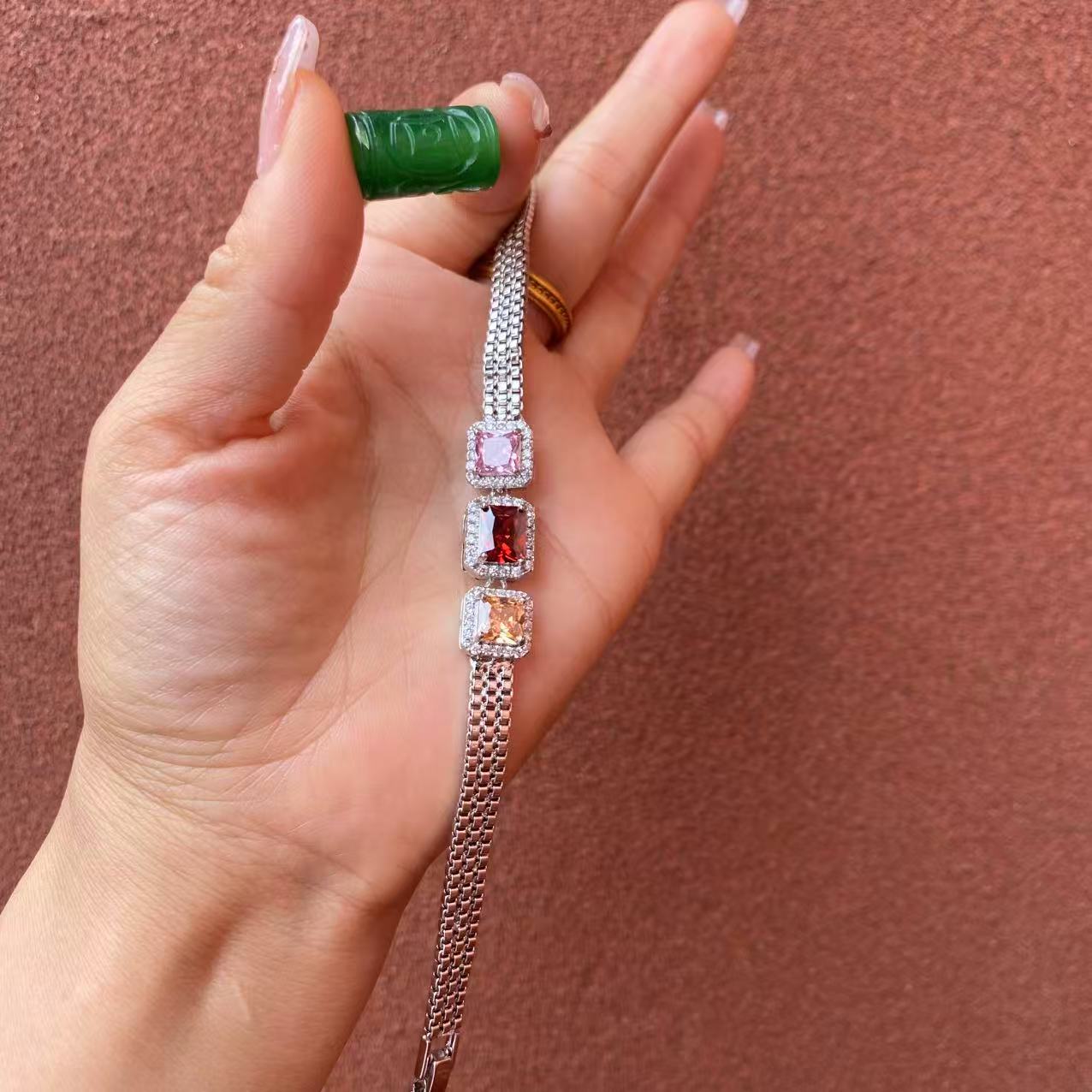 足银手链 135-方糖三色镶嵌手链