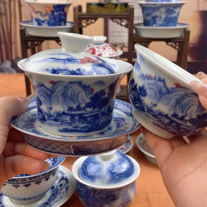 内***哥陶摆件富春山居图马蹄盖碗+压手杯