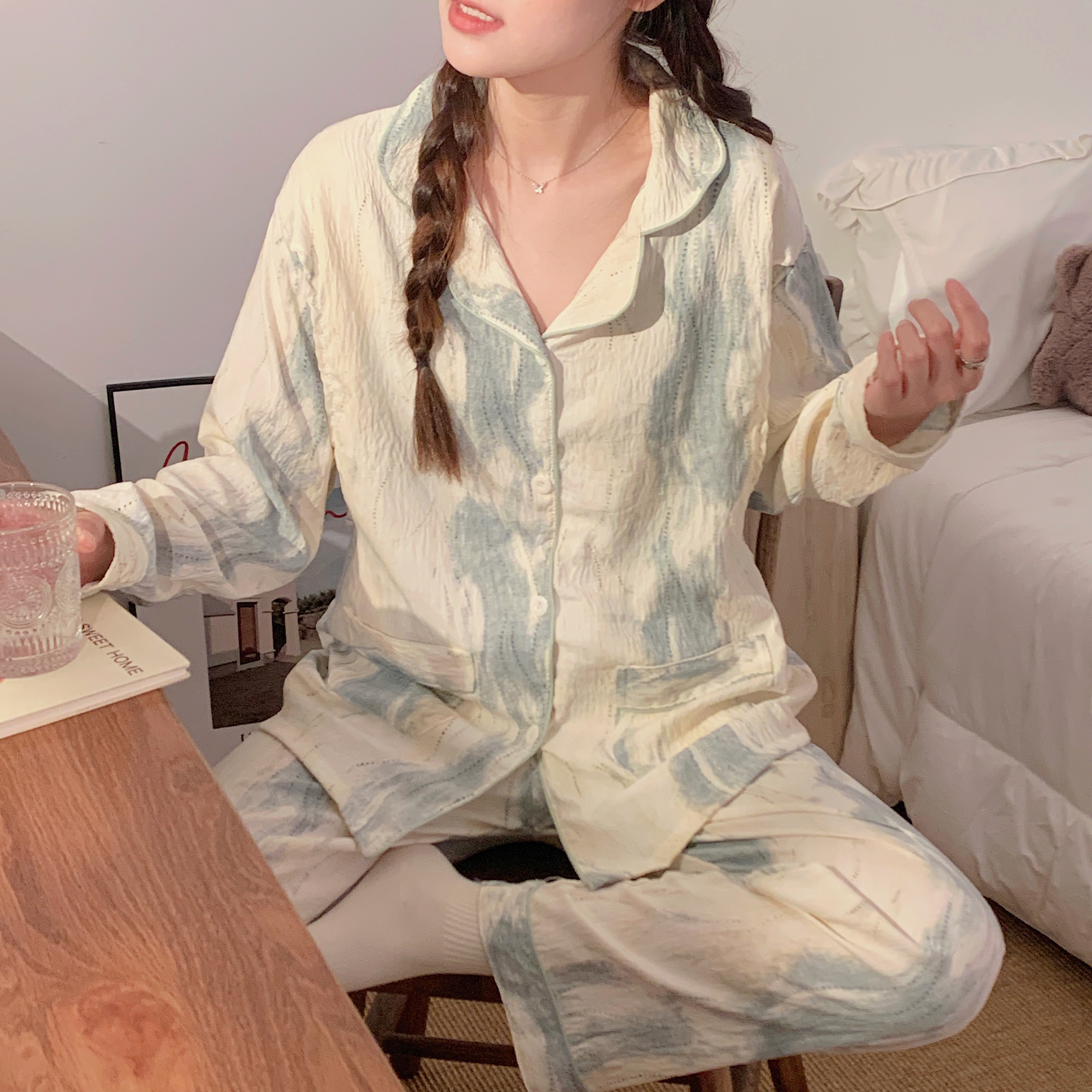 夏季薄款云朵棉带胸垫月子服孕妇产后透气哺乳长袖睡衣产妇