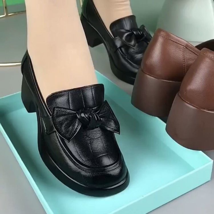 女单鞋2025春秋新款中粗一体跟圆头蝴蝶结休闲乐福鞋潮8896