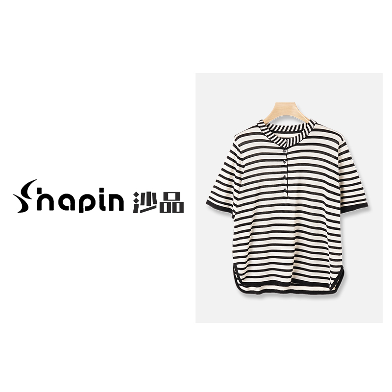 时尚撞色条纹半开领纽扣针织短袖休闲通勤夏季T恤女MM62911