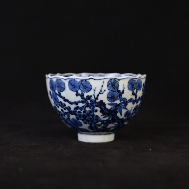 雯华堂 景德镇仿明青花松竹梅花口鸡心杯 满容约110cc 