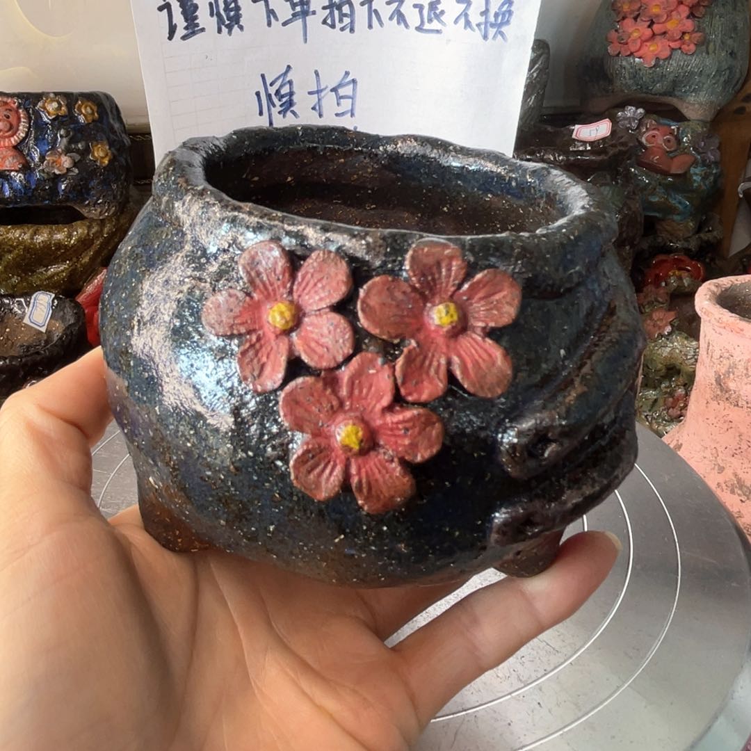 红陶粗砂陶手工花盆