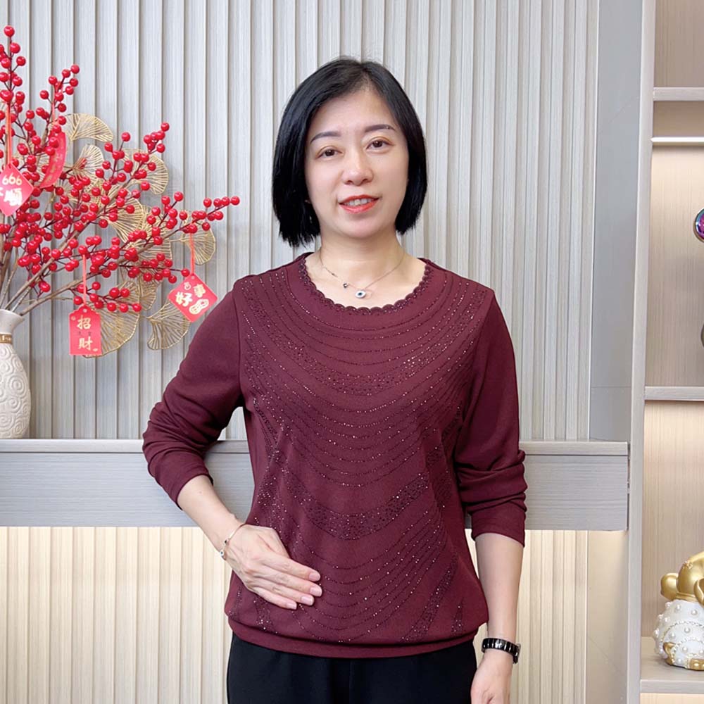 秋季新款时尚洋气减龄宽松大码显瘦气质烫钻圆领中老年妈妈装上衣