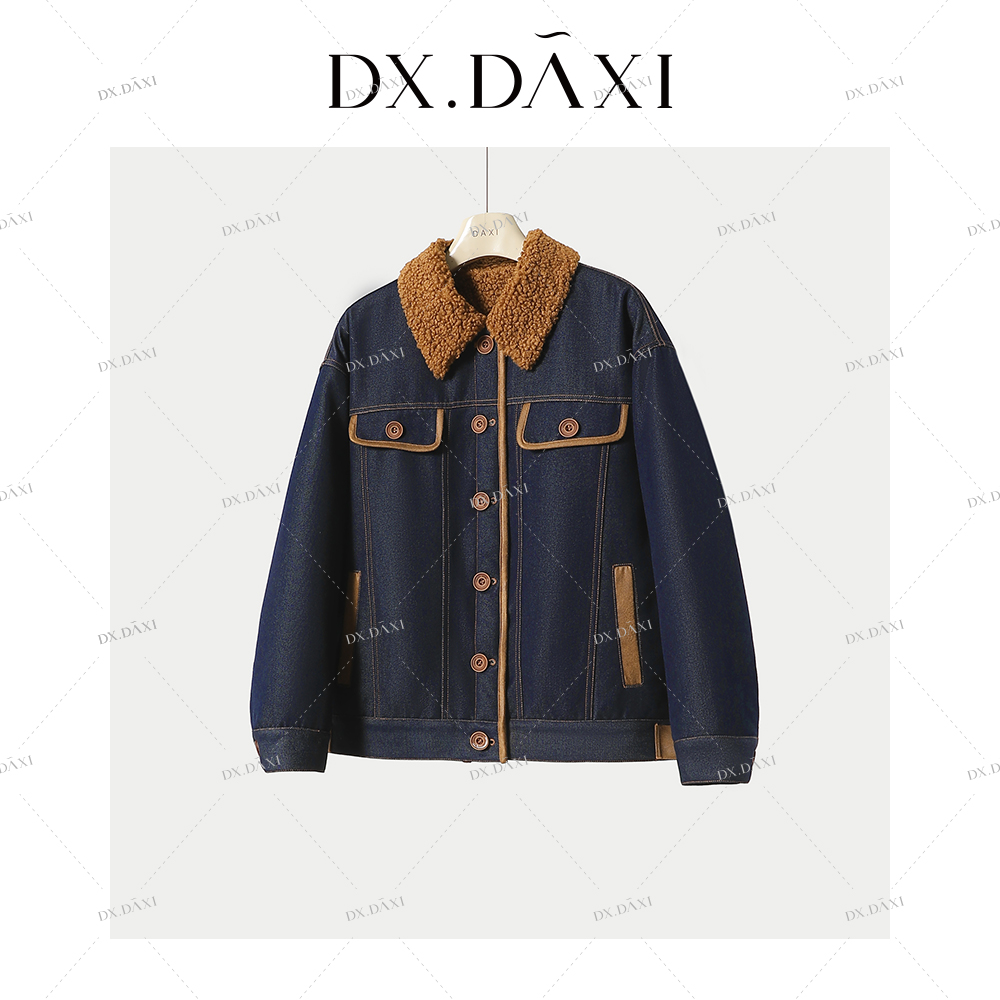 代大喜【暖绒丹宁】仿牛仔圈圈毛夹克外套冬季新款时尚百搭加绒上衣