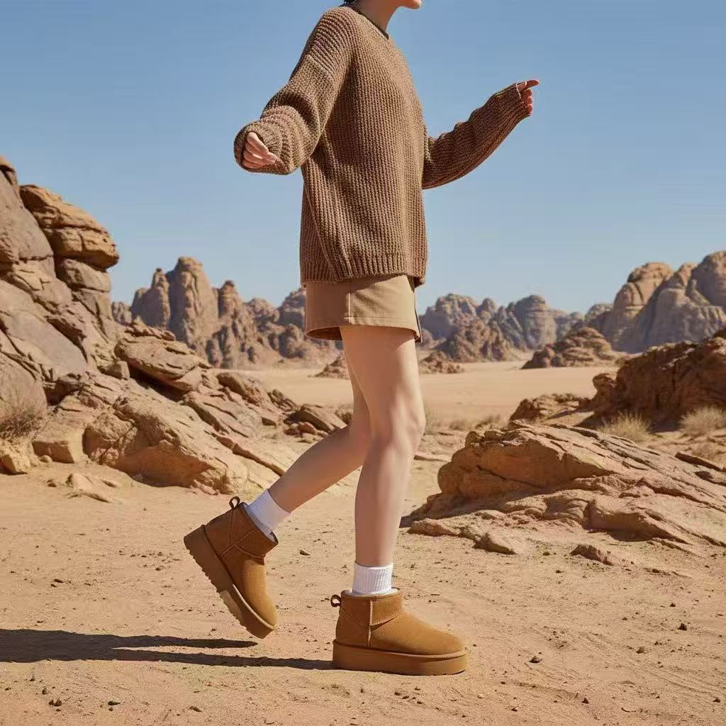 防水甜美风缝制保暖时尚雪地靴中筒真毛百搭短靴短筒