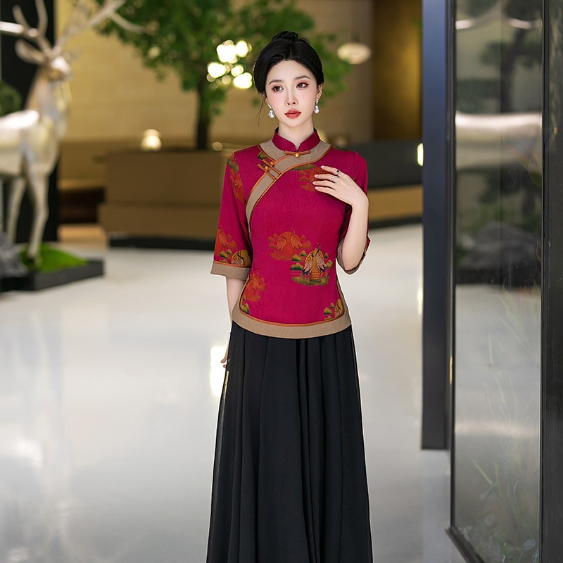 锦玉华庭中国风短款气质显瘦夏季薄款七分袖中式旗袍红色小上衣