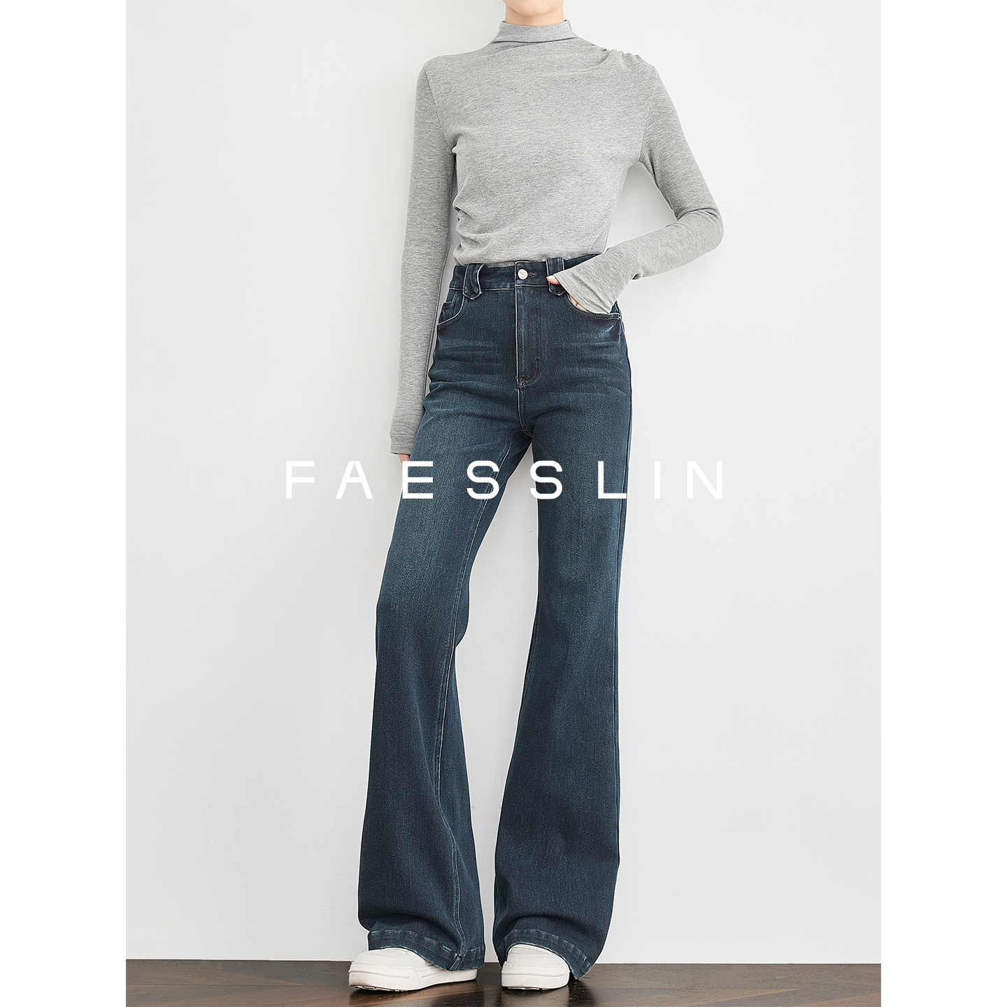 FAESSLIN【摩登脚本】冬季加绒加厚微喇裤女高腰加厚修身直筒裤