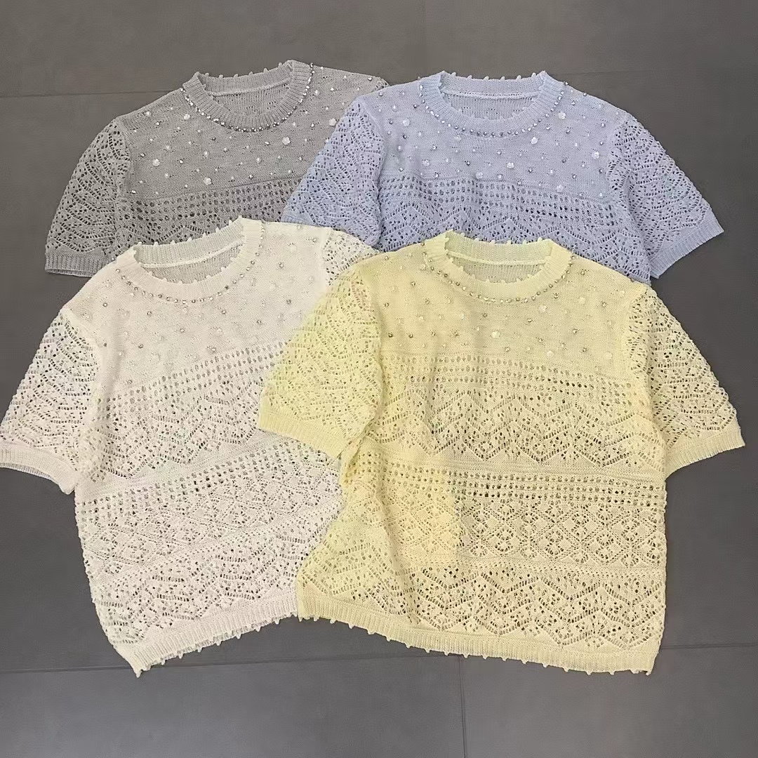 短袖上衣蕾丝针织衫夏季镂空圆领女装时尚休闲百搭打底女士半袖