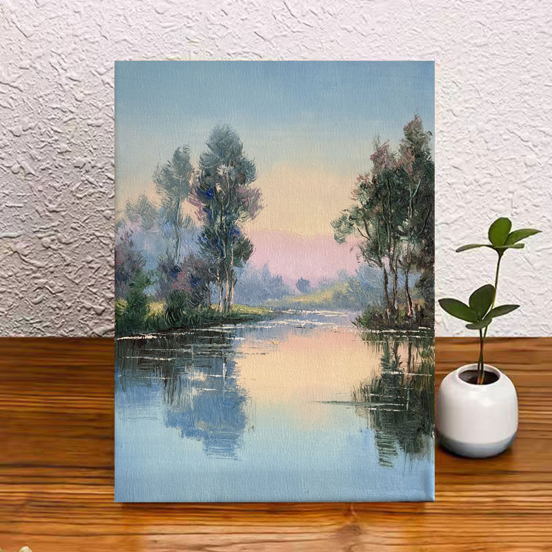 《河湾暮色》20*30含内框，刘春建手绘油画装饰画，客厅背景墙挂画
