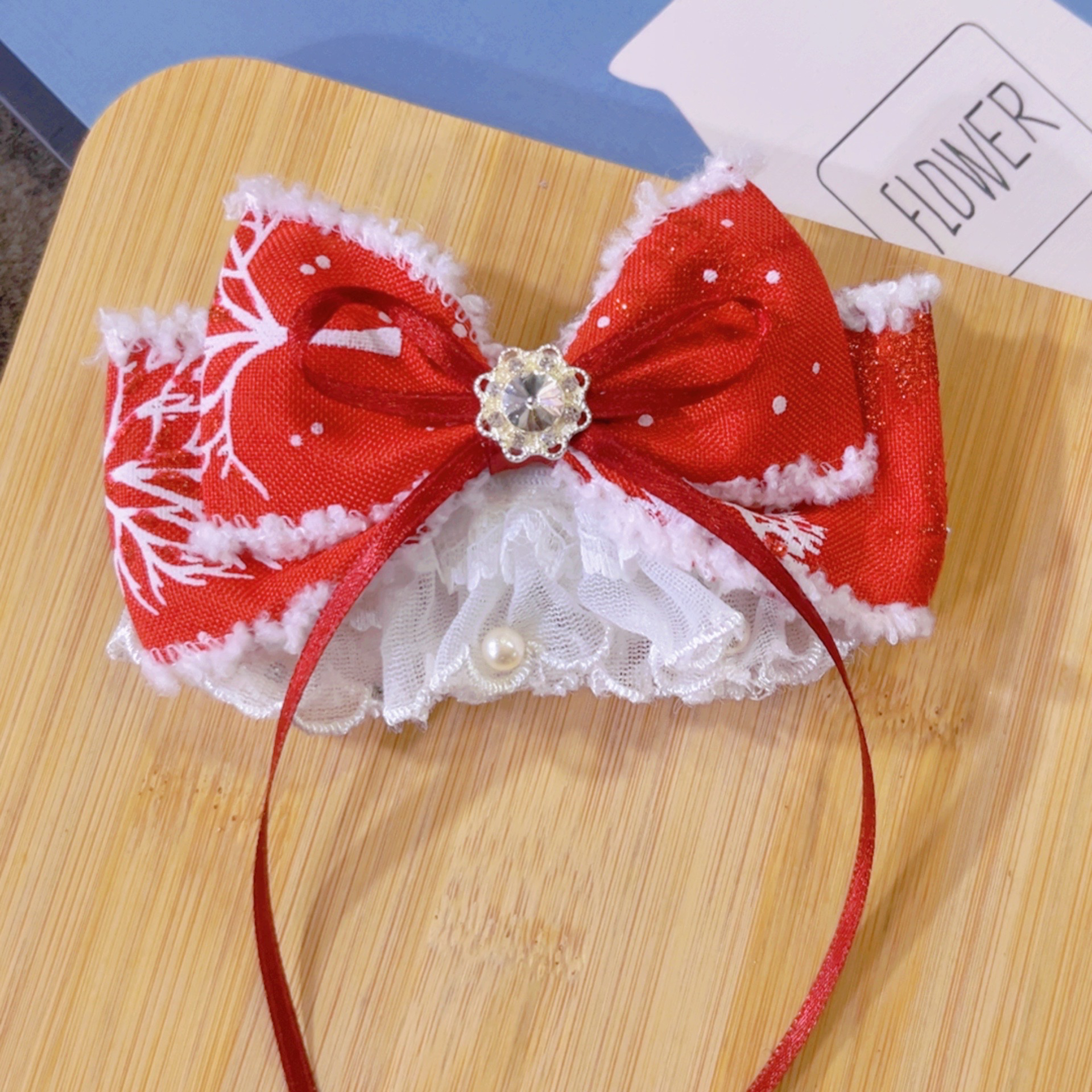 新年酒红毛边甜美蝴蝶结发饰雪花弹簧夹裙摆弹簧夹珍珠甜美发饰