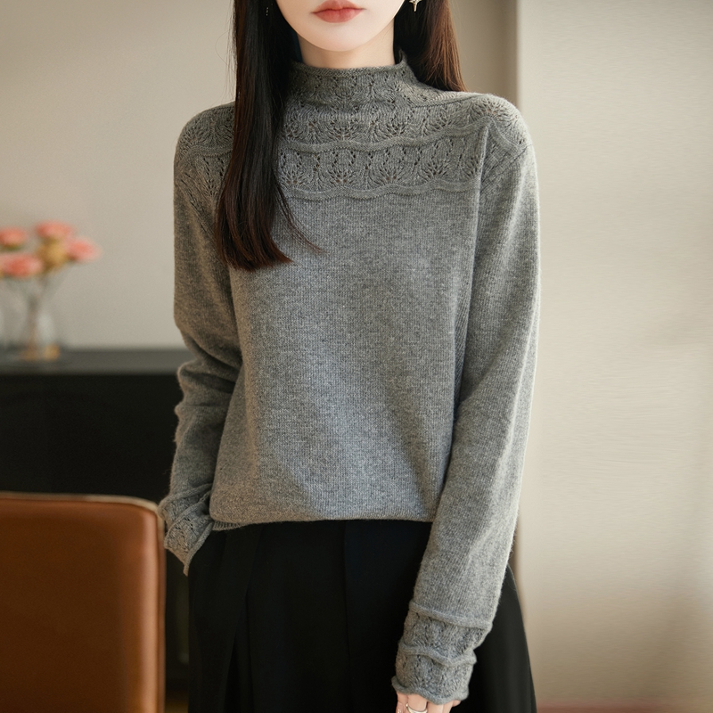 鄂尔斯市纯100羊毛衫女秋冬爆款镂空钩花半高领毛衣羊绒打底衫女