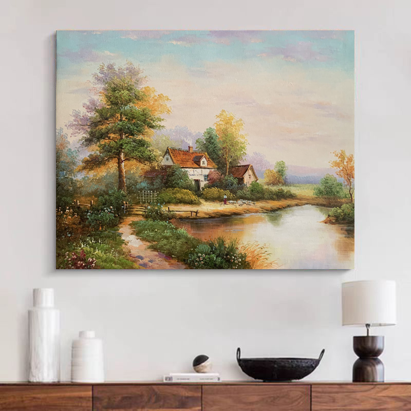 《溪畔村居》50*60含内框，刘春建手绘油画装饰画，客厅背景墙挂画