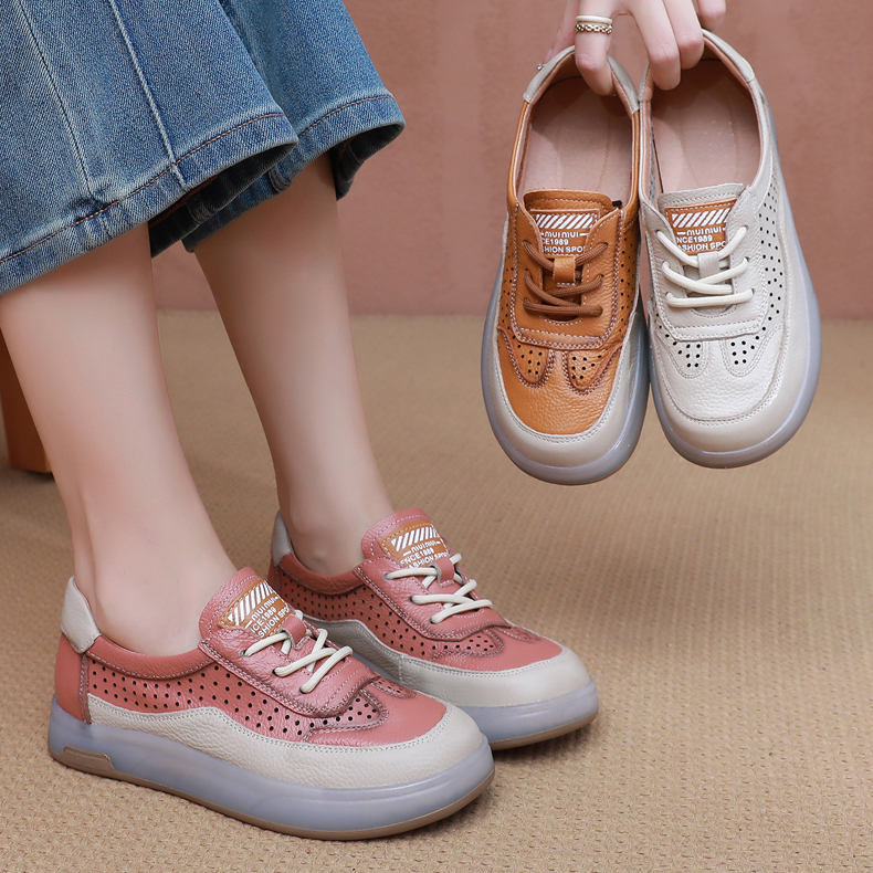 头层牛皮镂空休闲女鞋软面软底舒适透气平底单鞋真皮妈妈鞋牛筋底