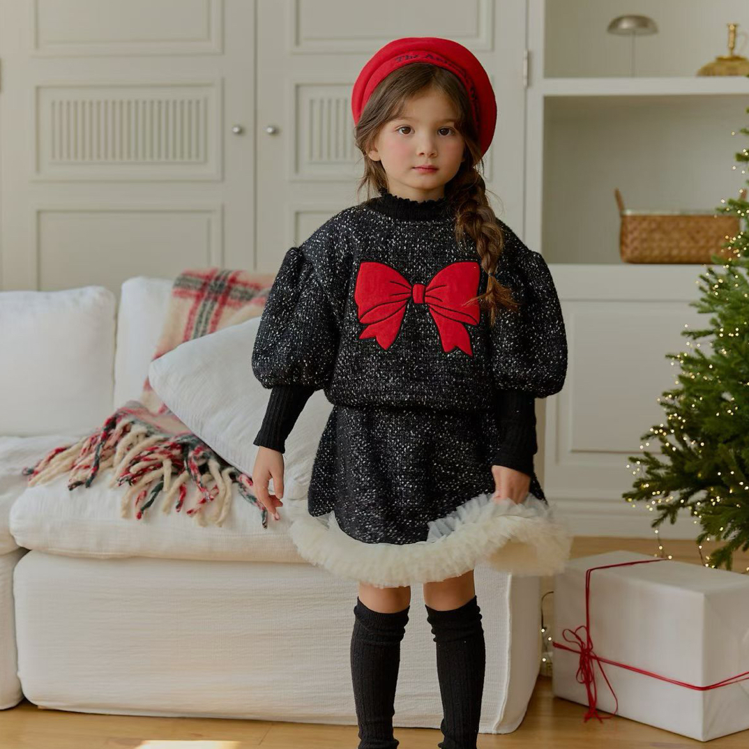 韩国星宝家25冬棉软毛绒蕾丝菲边公主半身裙套装