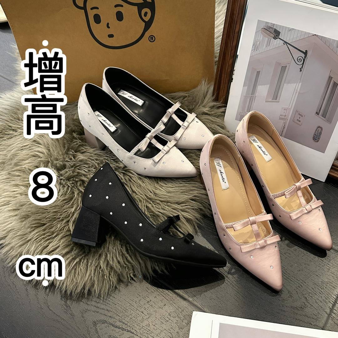 〖内外增高8厘米〗尖头水钻缎面玛丽珍女鞋百搭浅口仙女蝴蝶结单鞋