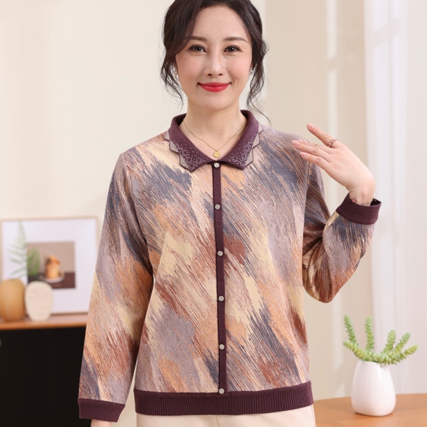 中老年妇女春秋翻领长袖洋气宽松T恤打底衫8710#