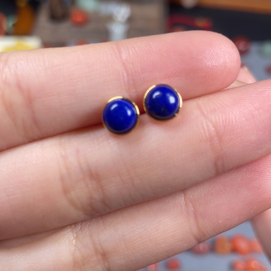 青金石耳钉银S925镀金镶嵌