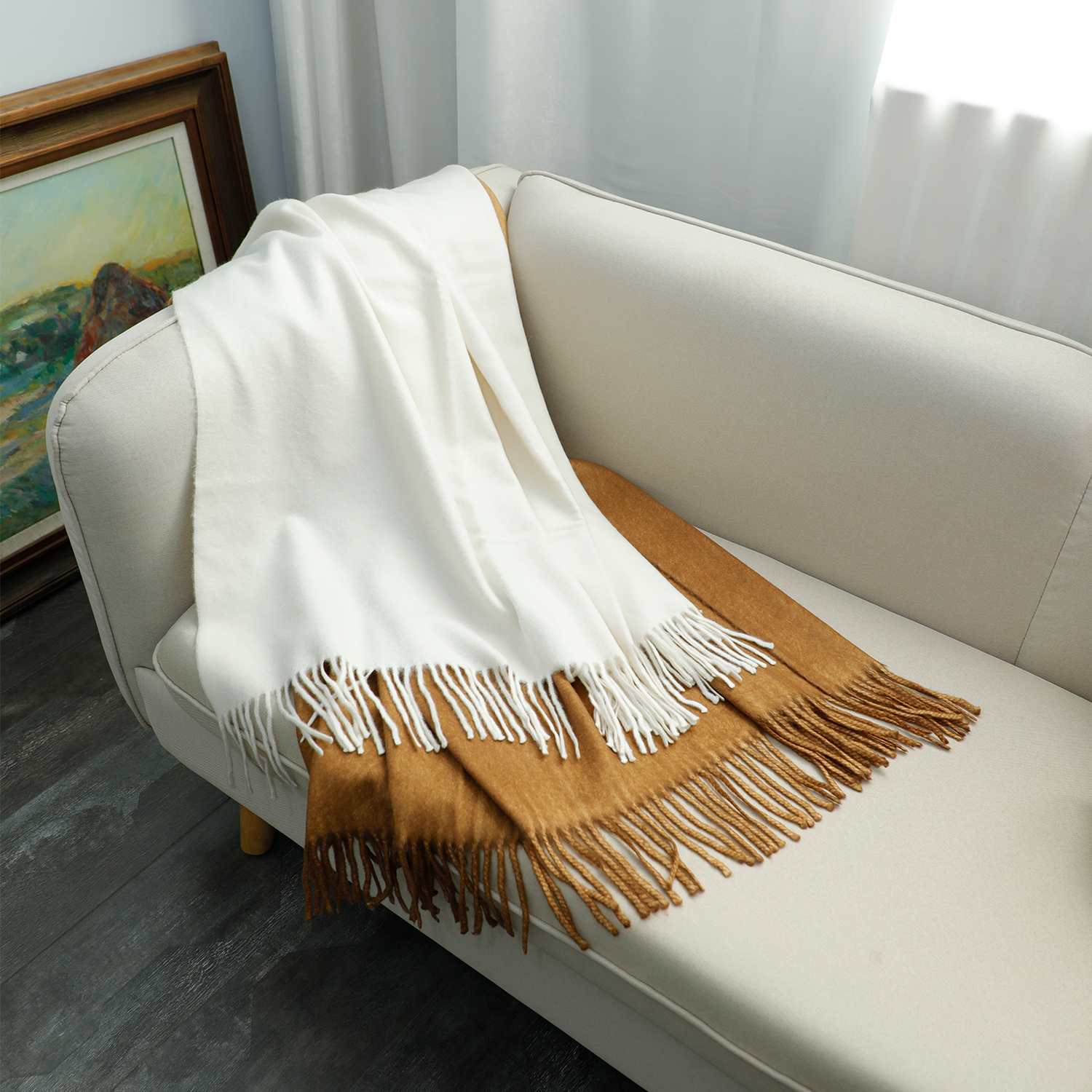 纯山羊绒秋冬保暖流苏披肩绒毯百搭缎染沙发毯高级感黄白渐变披毯