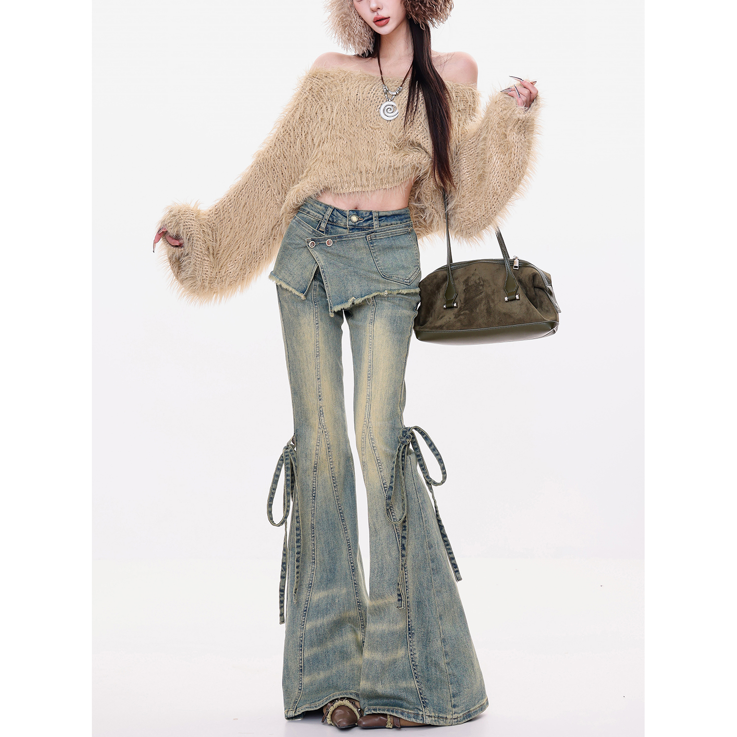 ABWLR 叠穿派对-原创复古做旧水洗牛仔裤女高腰系带马蹄微喇裤子