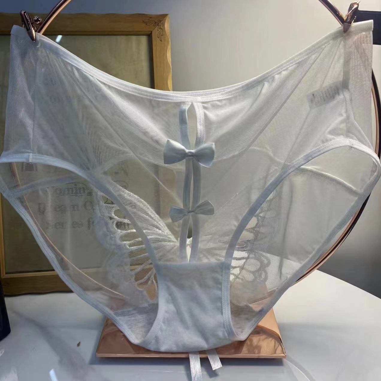 夏季新品加大版型高腰性感镂空女士三角内裤胖MM蝴蝶刺绣网纱底裤