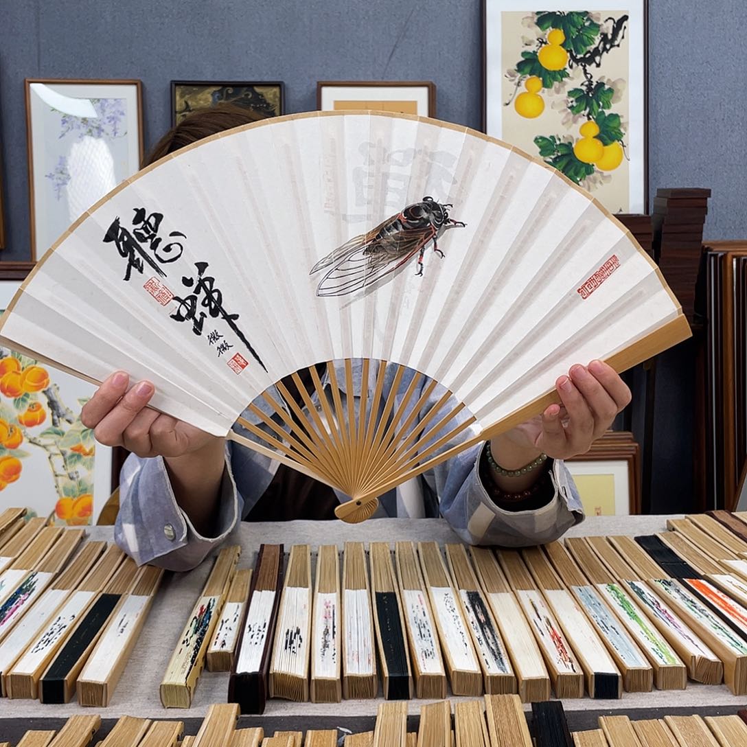 国画95寸玉竹-纯手绘-文玩扇骨（默认粘好）