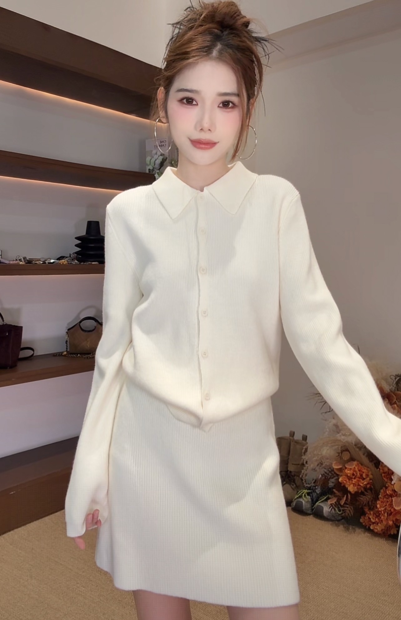 翻领针织上衣半身裙套装