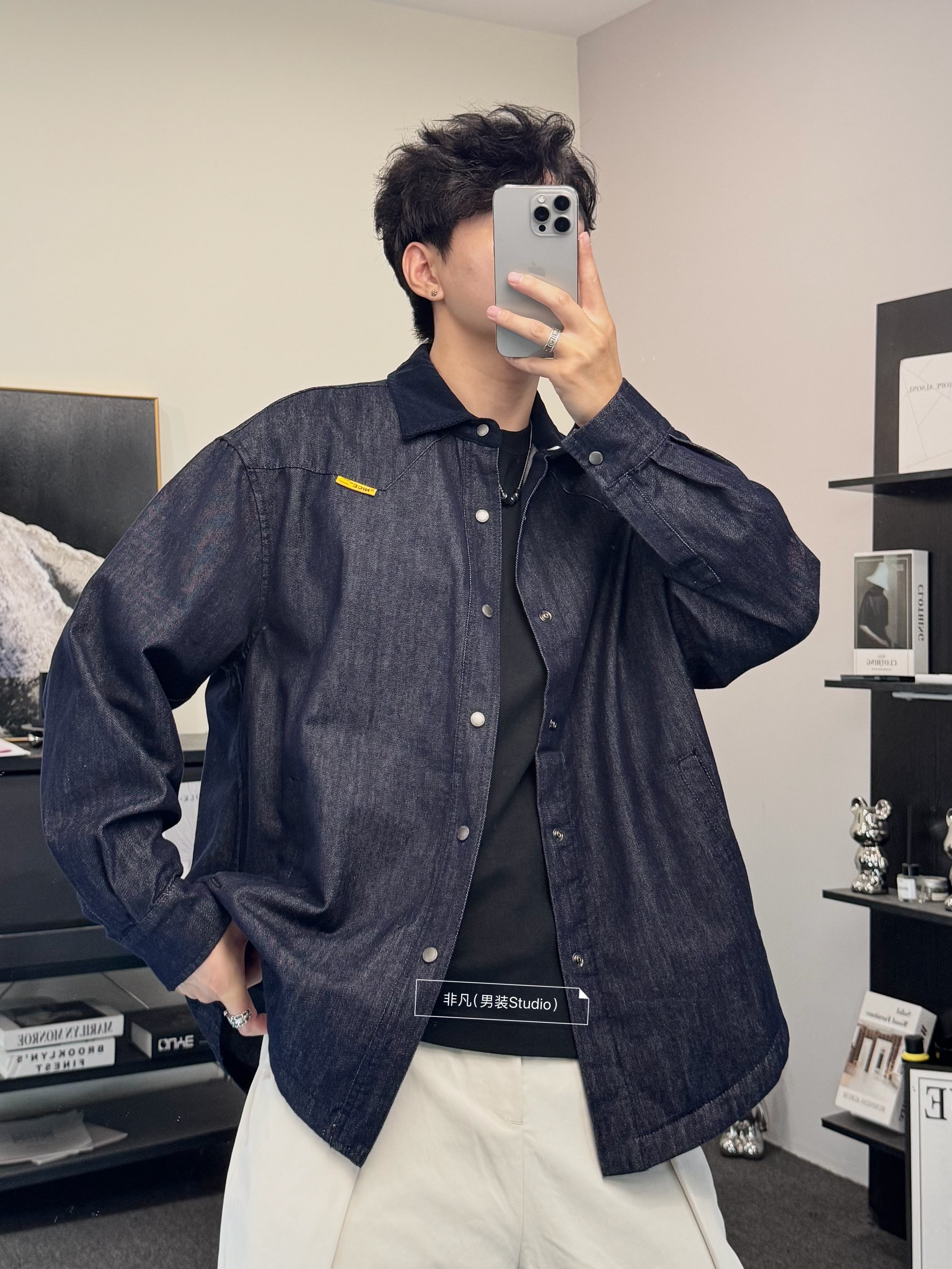 非凡-秋季新款高级感牛仔日系衬衫复古休闲男长袖衬衣外套8611