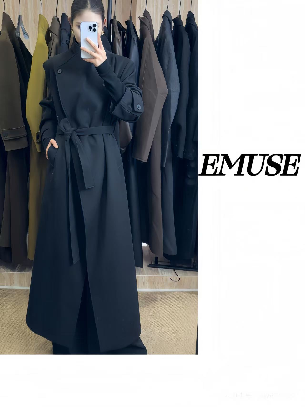  冬季极简大牌设计款翻领大衣高级显瘦气质长款大衣外套黑色收腰