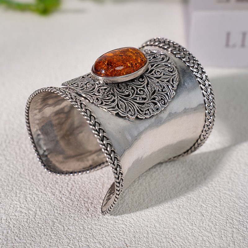 925银银制品 泰国925银复古文艺手镯原创设计手镯民族风镶嵌古风