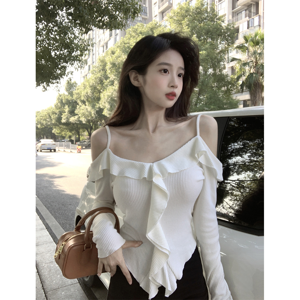 【梦梦】2025春季新款设计感荷叶边修身吊带纯欲衬衫长袖上衣