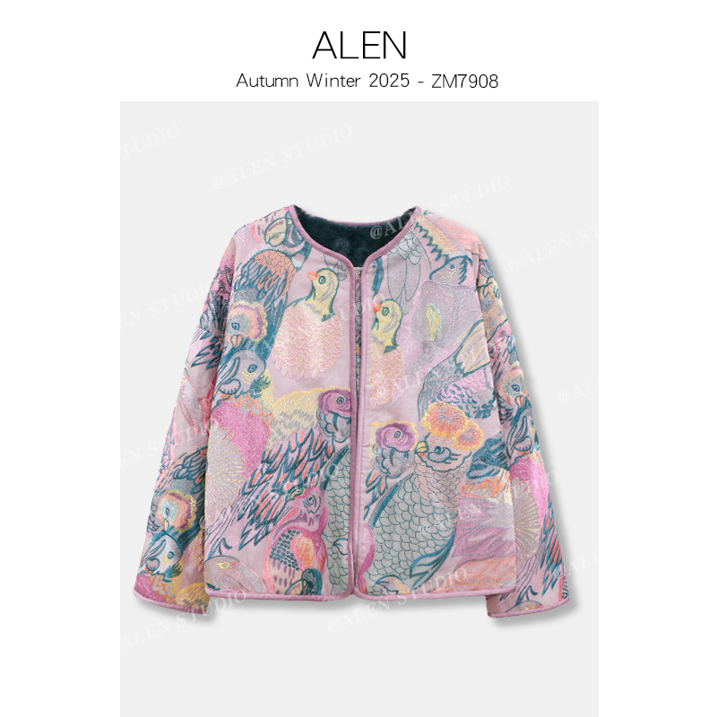 【Alen女装店】新中式国风圆领重工鹦鹉绣花冬季外套ZM7908