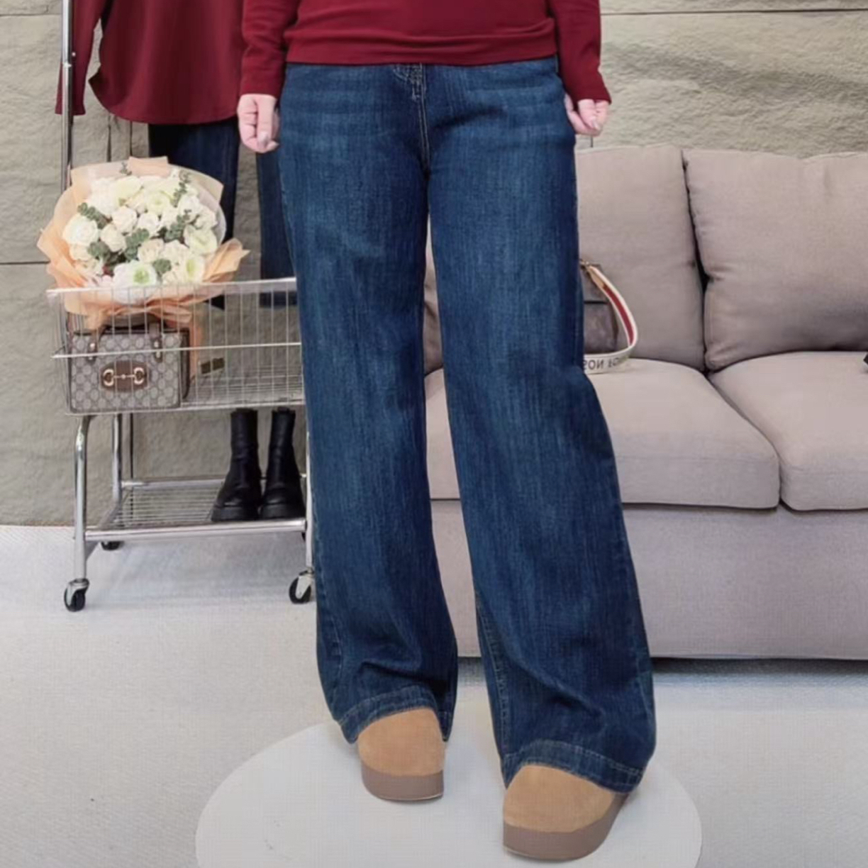 【后腰有橡筋】3四面弹牛仔长裤黛蓝色水洗宽松显瘦阔腿直筒长裤