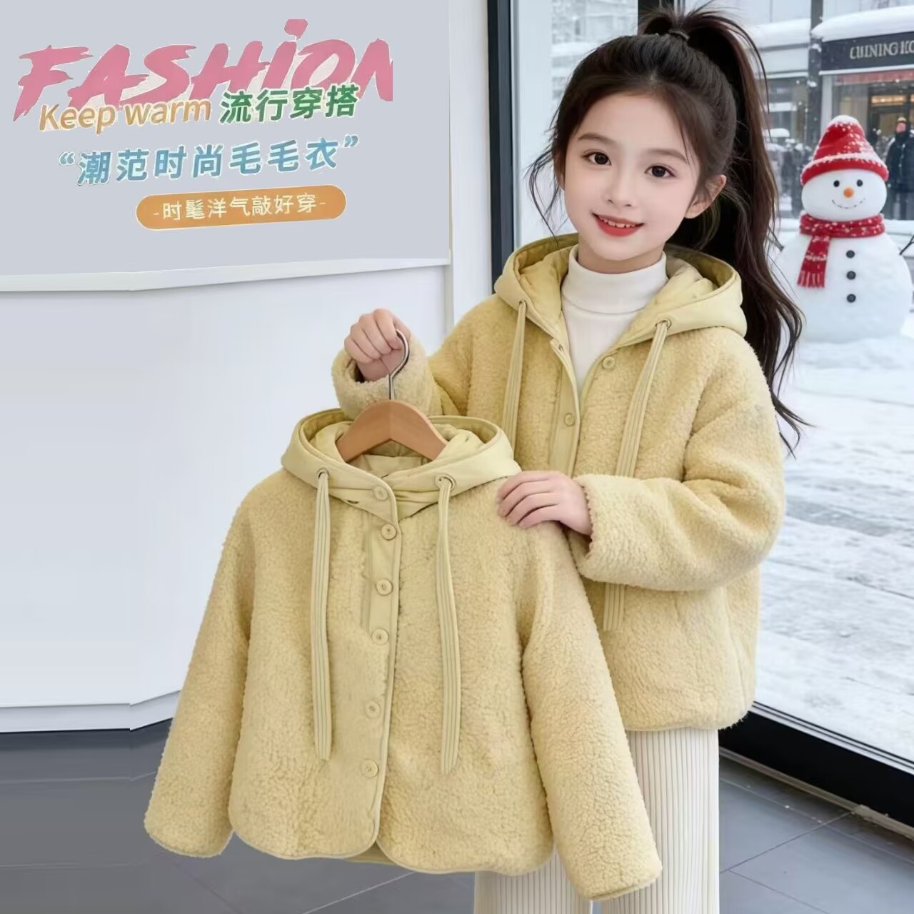 女童冬季新款加绒加厚保暖棉服毛毛衣女宝宝休闲保暖新款连帽外套