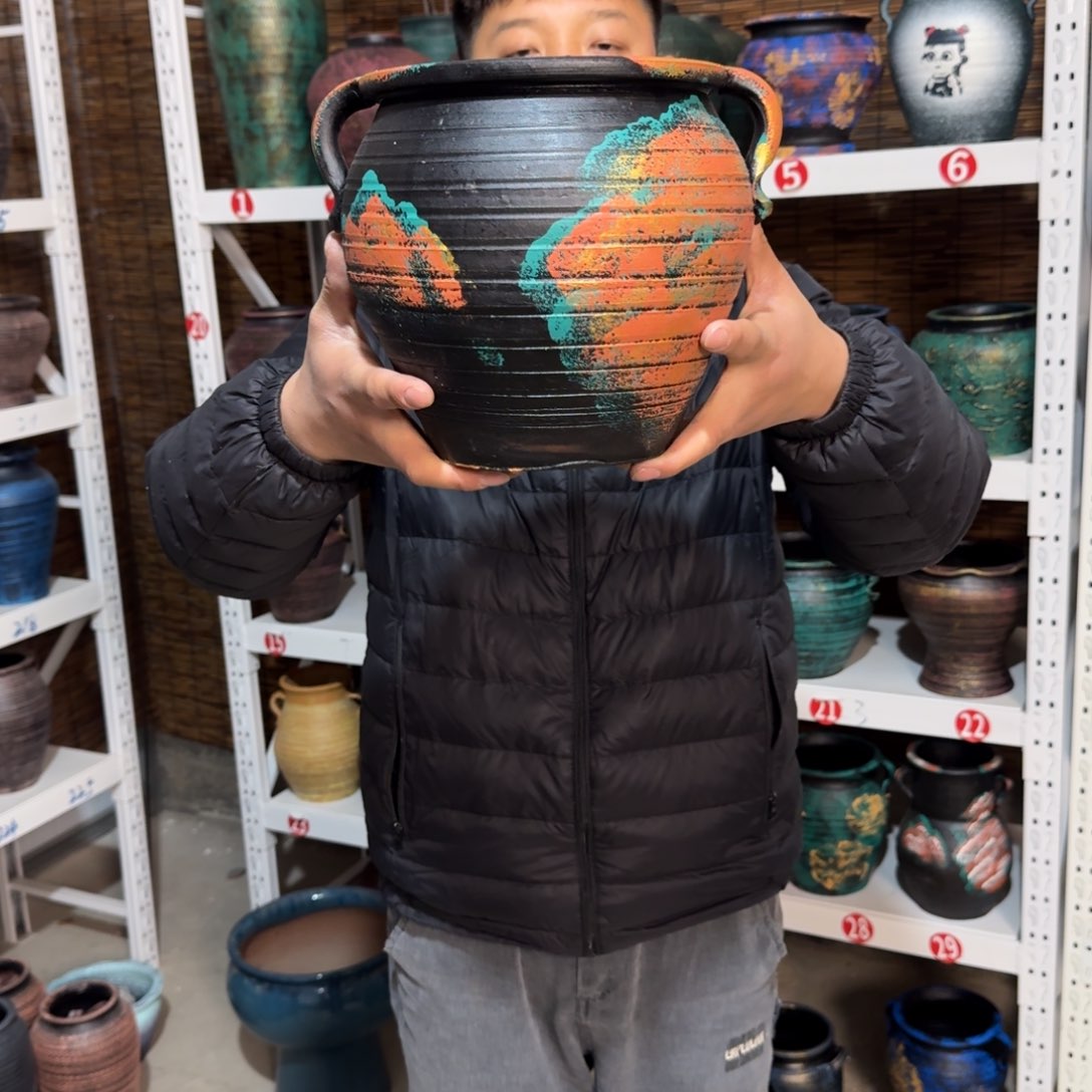 红陶红陶浮雕花盆炸炸炸