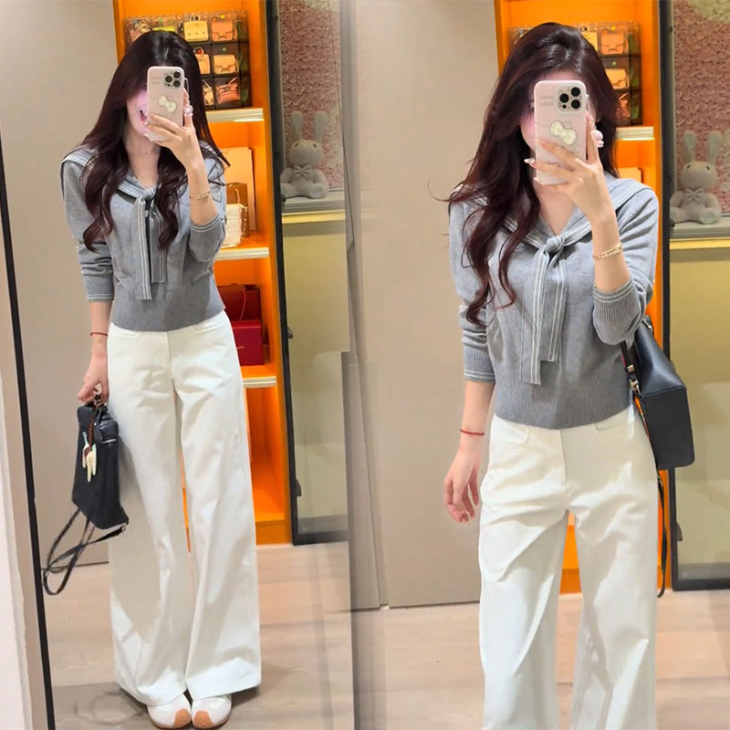 慵懒风气质小个子穿搭条纹海军领长袖针织衫高腰百搭直筒裤子套装