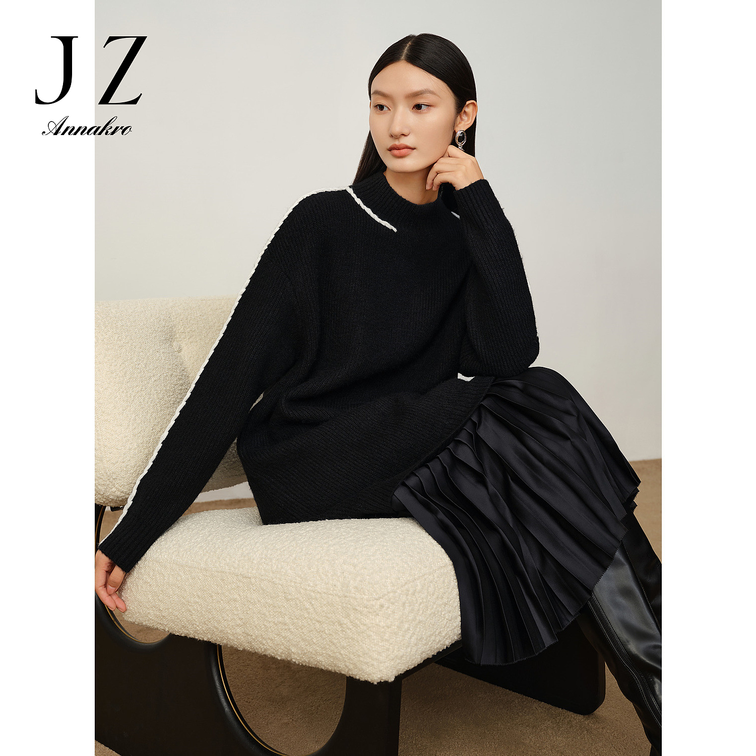 【丽公主专属】玖姿·安娜蔻JTDD31410撞色假两件长袖毛衫连衣裙女