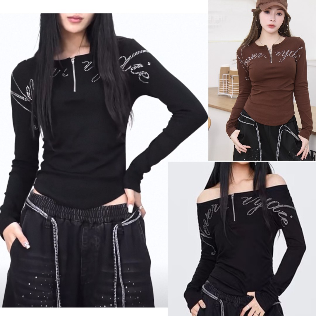 秋冬女上衣街舞潮牌一衣多穿烫钻字母针织T恤长袖爵士辣妹修身