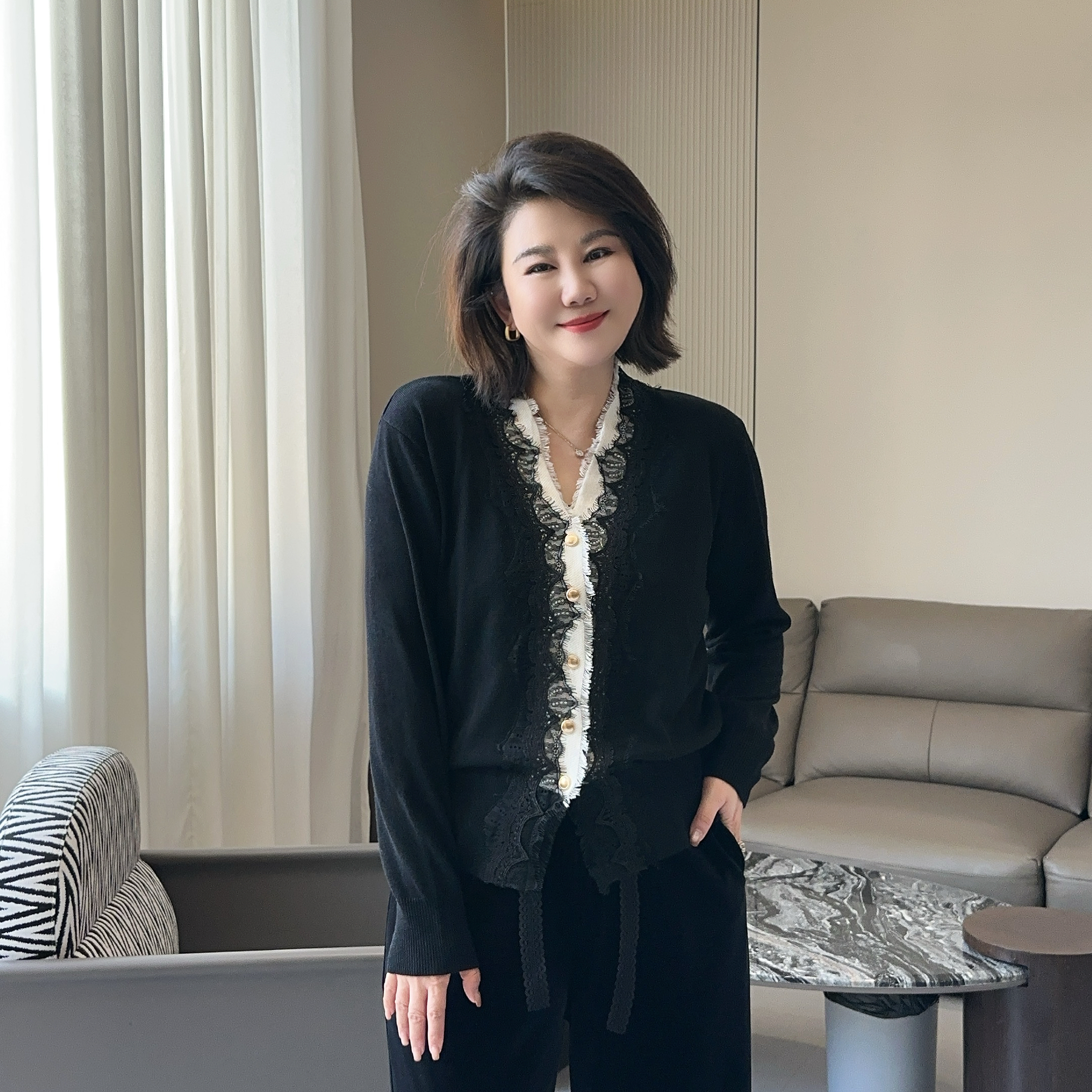 微胖女装【温柔似水】绵羊毛开衫蕾丝流苏拼接上衣冬季针织衫1186