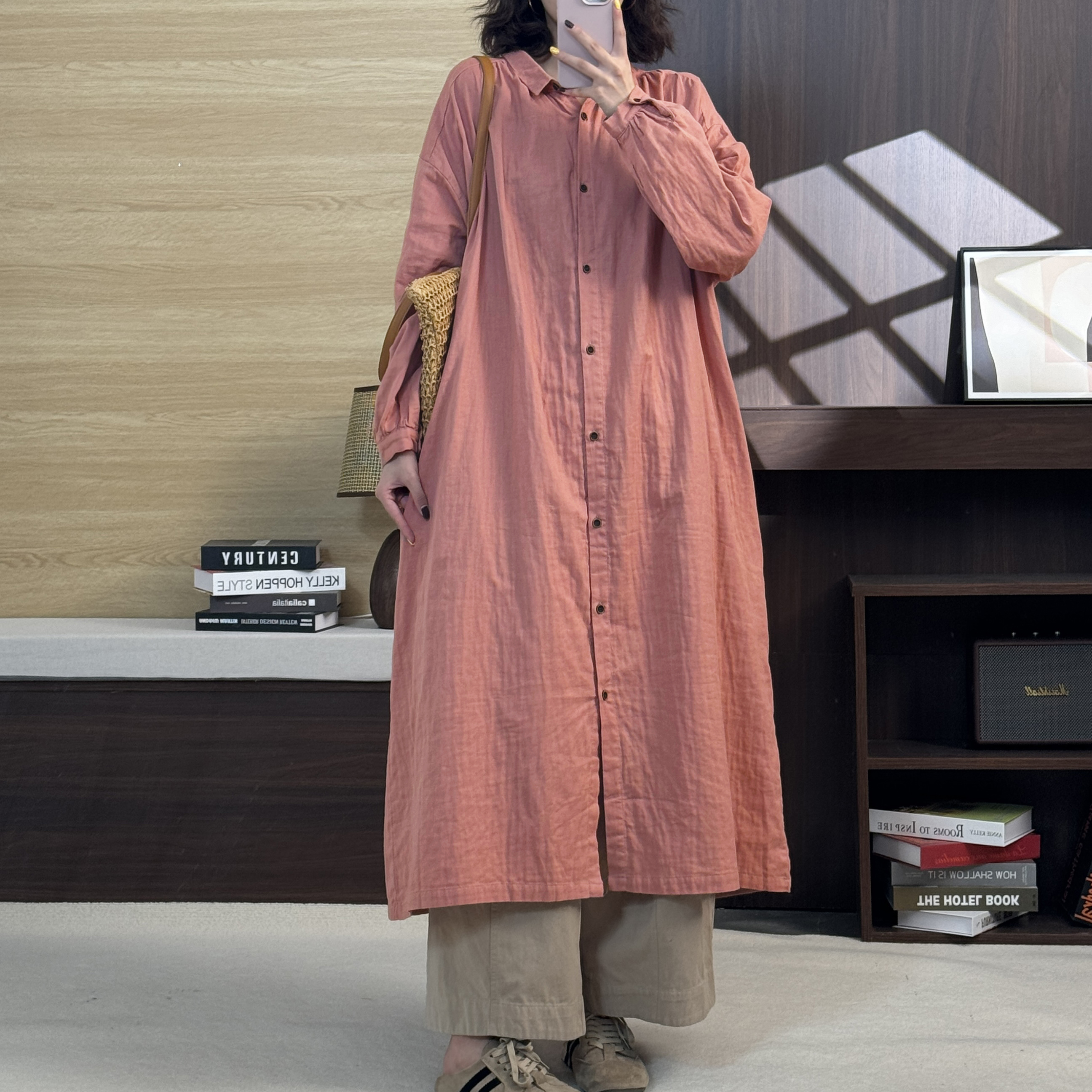 【璐璐家】早秋新款双层棉纱宽松显瘦韩版衬衣领连衣裙外套