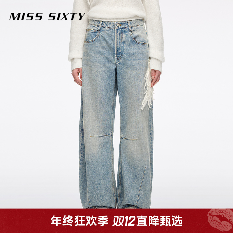Miss Sixty2025冬季新款棉质牛仔裤女重工钉珠天使羽翼弯刀萝卜裤