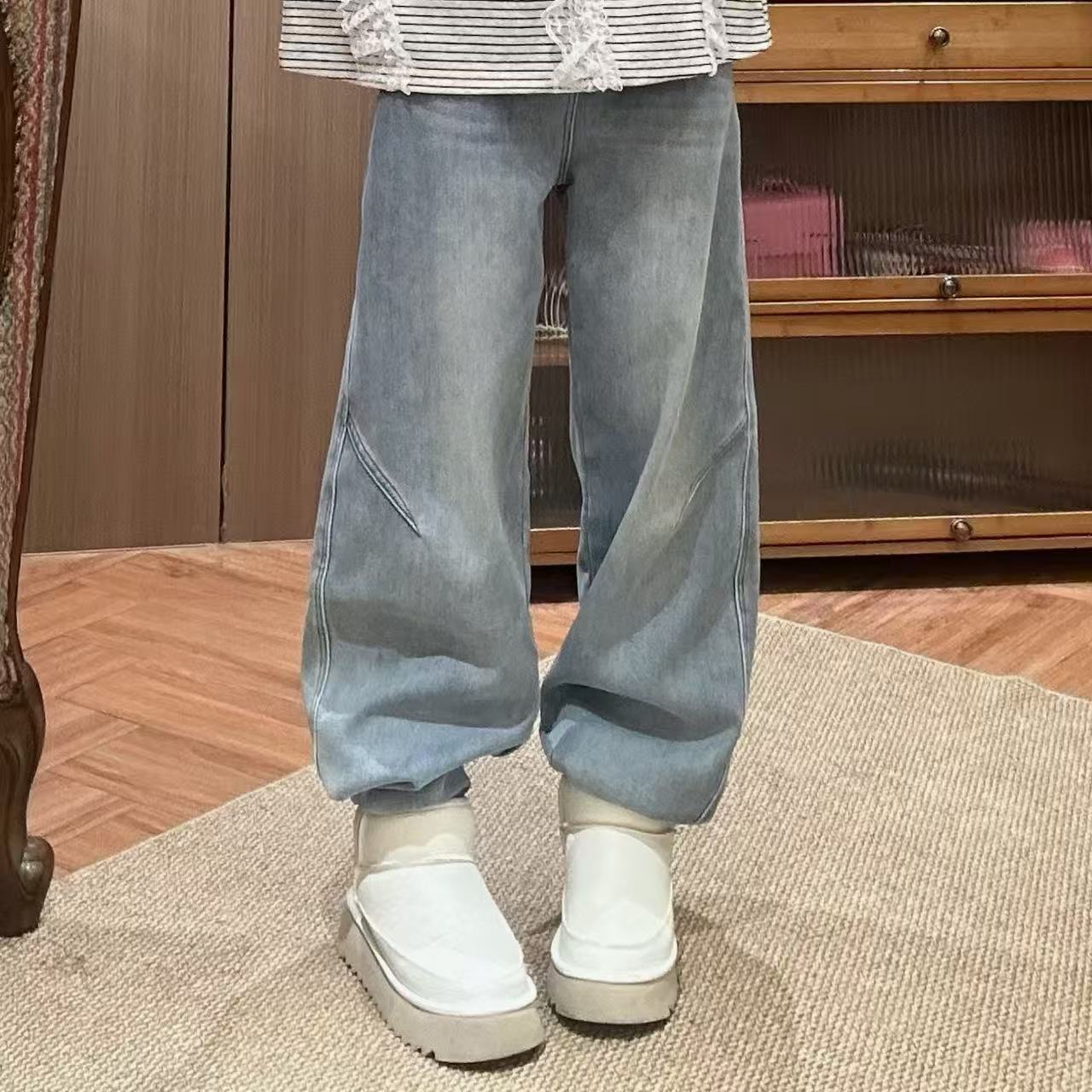 Chouduoduo2025加绒微弹洗水牛仔宽松水洗厚款牛仔裤ins直筒+腰带