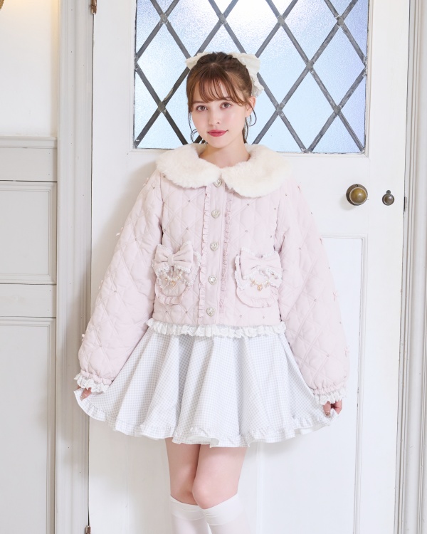 剪标拆标短棉袄冬季重工钉珠蝴蝶结蕾丝边外套毛领外套短上衣秋冬